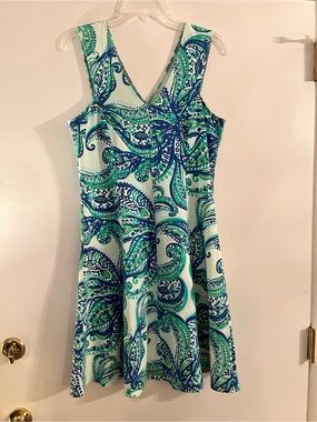 Lilly Pulitzer Dahlia Dress Blue & Green Paisley V-Neck Fit-and-Flare Mini Dress